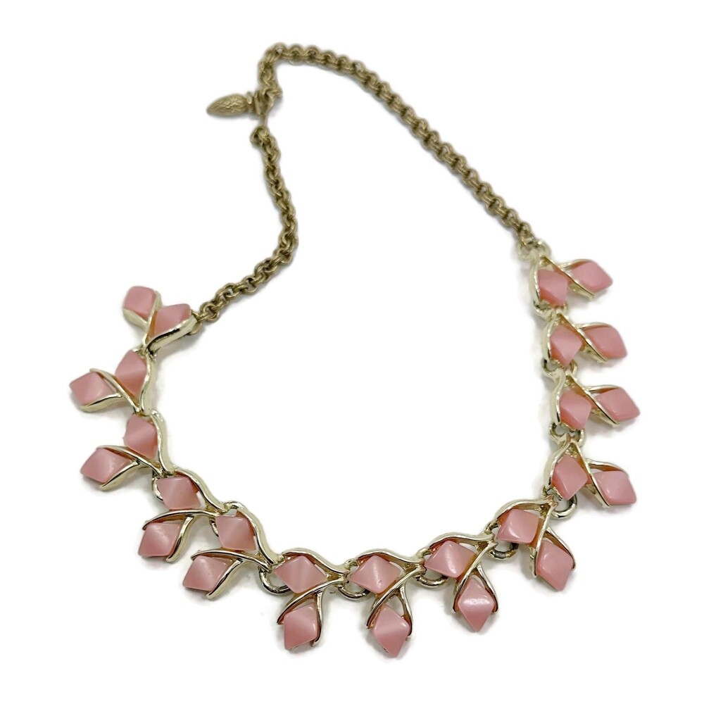 Pink Moonglow, Vintage Necklace, Gold Tone, 50s, Vintage, 60s, Lucite, Plastic